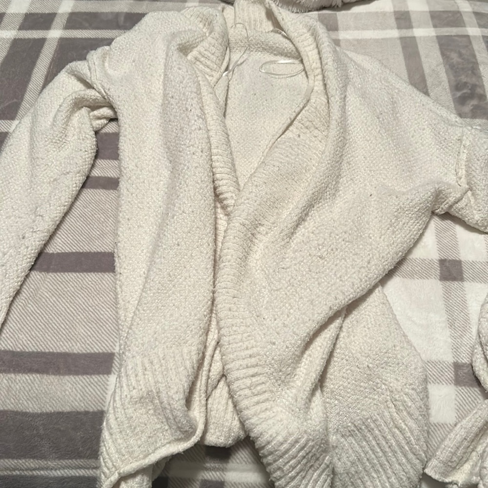 white fuzzy cardigan